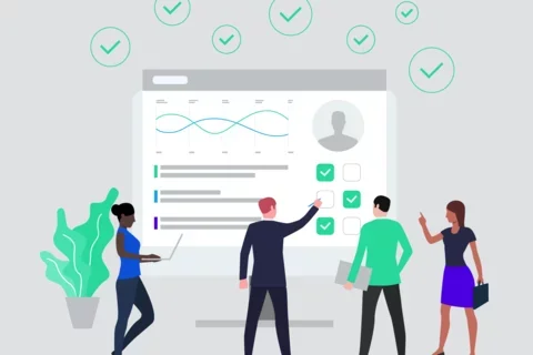 Illustration of team looking at a web page