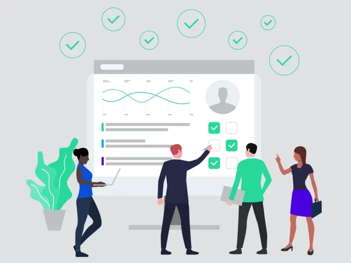 Illustration of team looking at a web page