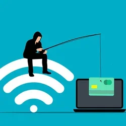 Man sitting on the WiFi signal phishing for account information on a laptop