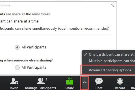 Use the advanced sharing options to control who can share their screen and when.