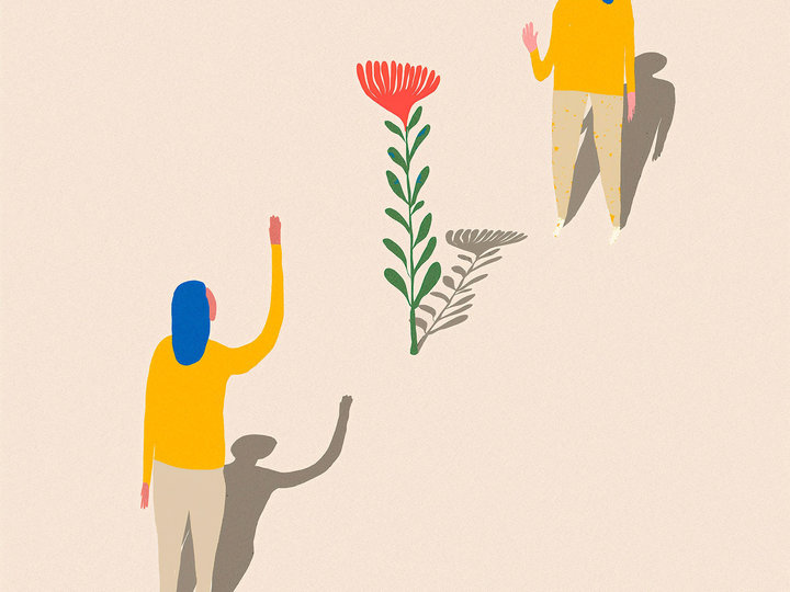 Graphic of two women standing across a flower