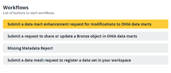 List of buttons to start workflows for data mart enhancement requests, Bronze objects, and data mesh workflows. 